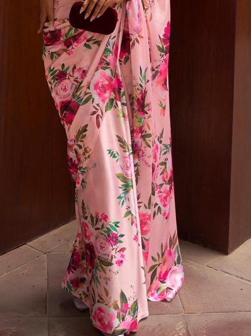 Carnation Pink Satin Silk Designer Saree