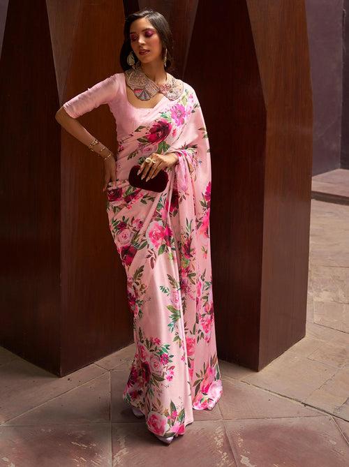 Carnation Pink Satin Silk Designer Saree