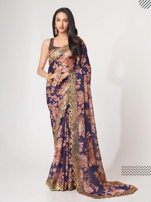 Purple Organza Digital Silk Sequin Saree