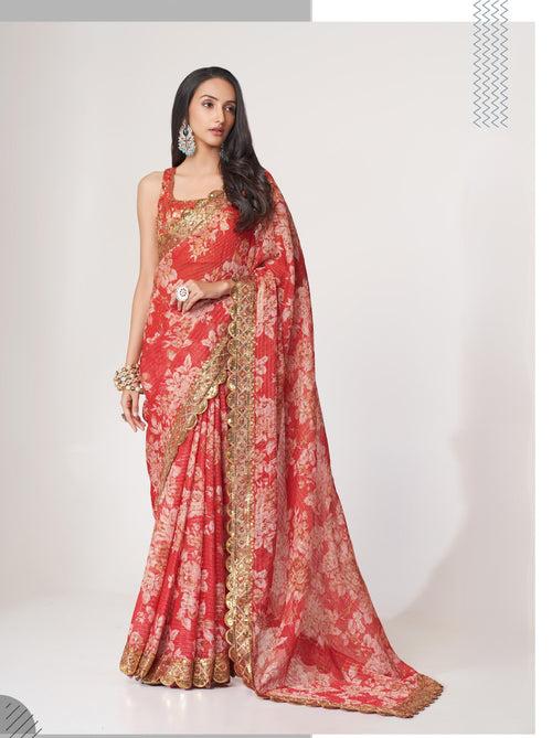 Red Organza Digital Silk Sequin Saree