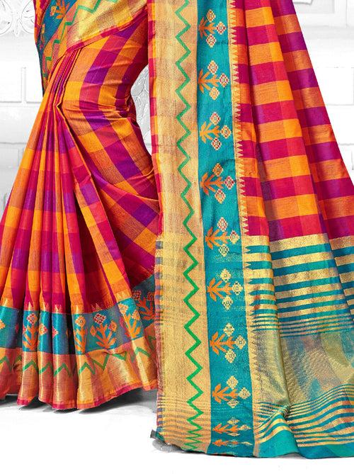 Red Cotton Silk Blend Checkered Saree