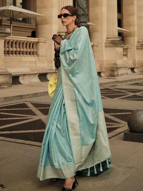 Sky Blue Fine Satin Silk Party Saree