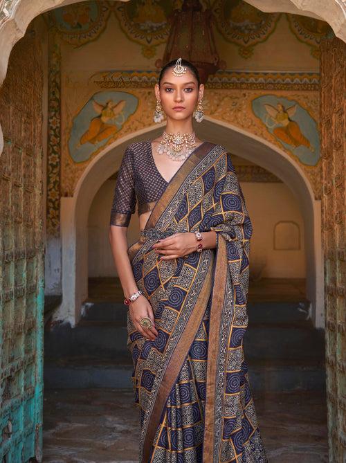 Space Blue Ajrakh Brasso Designer Saree