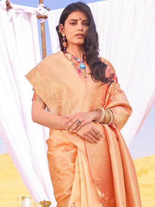 Remarkable Double Tone Peach Coloured Jacquard Digital Art Silk Saree