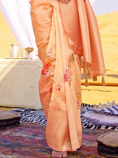 Remarkable Double Tone Peach Coloured Jacquard Digital Art Silk Saree