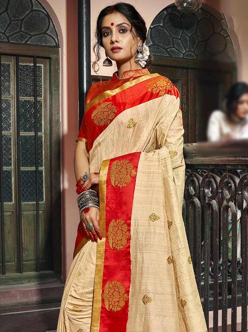 Captivating Cream South Silk Designer Festive Saree