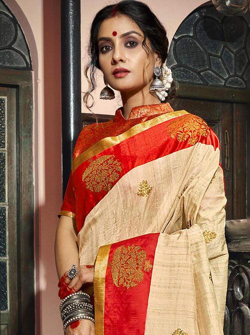 Captivating Cream South Silk Designer Festive Saree