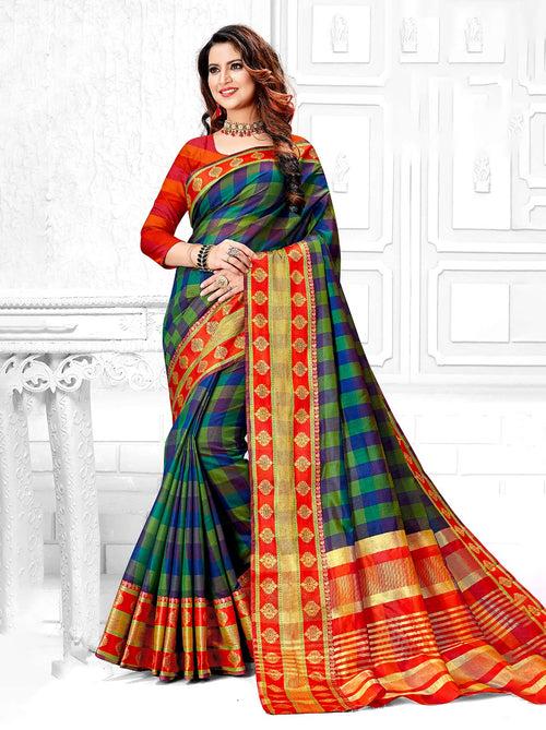 Beautiful Cotton Blend Checkered Saree In Blue