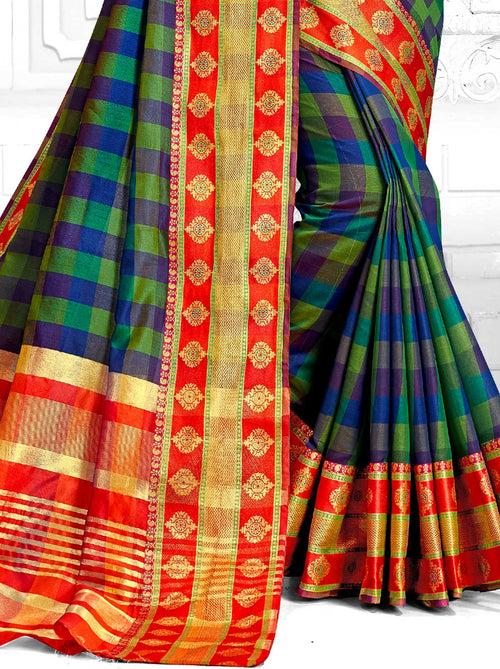 Beautiful Cotton Blend Checkered Saree In Blue