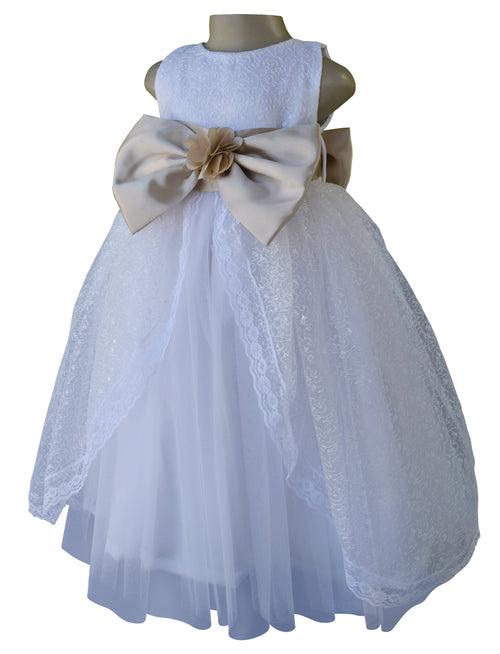 Faye White Embroidered Gown with Champagne Bow & Sash