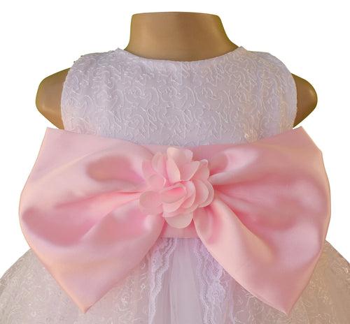 Faye White Embroidered Gown with Pink Bow & Sash