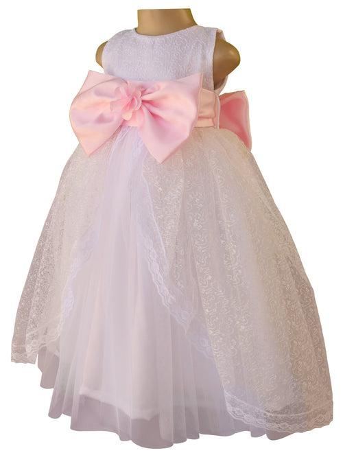 Faye White Embroidered Gown with Pink Bow & Sash