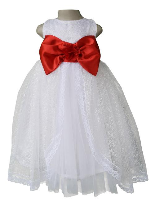 Faye White Embroidered Gown with Red Bow & Sash