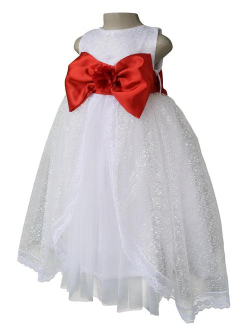 Faye White Embroidered Gown with Red Bow & Sash