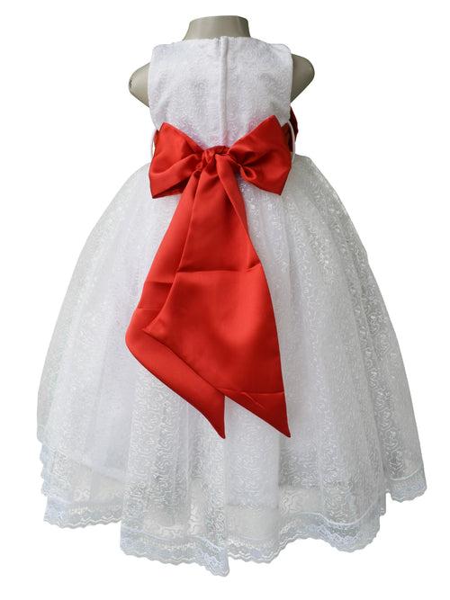 Faye White Embroidered Gown with Red Bow & Sash