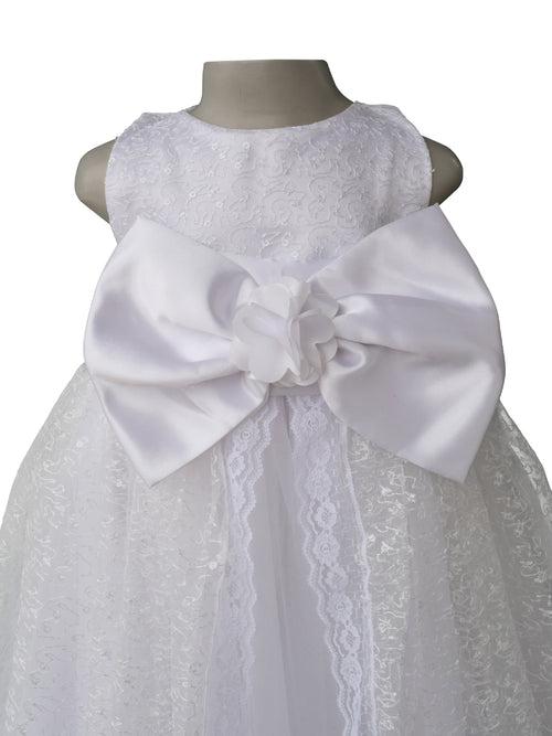 Faye White Embroidered Gown with White Bow & Sash