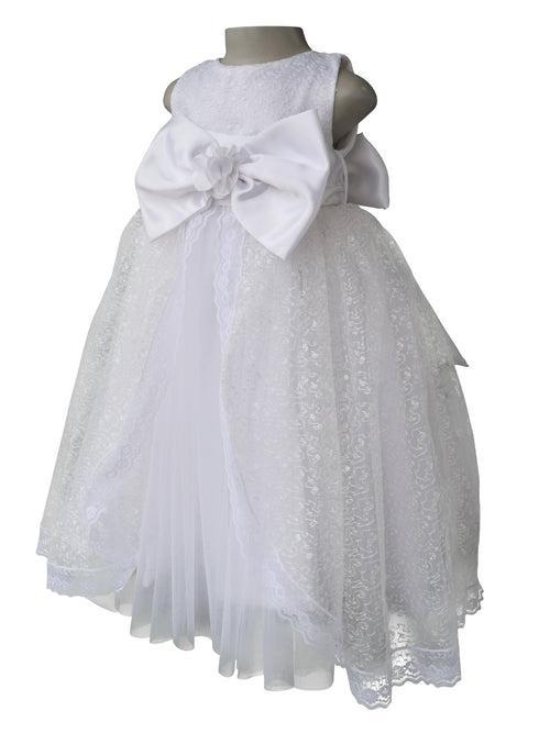 Faye White Embroidered Gown with White Bow & Sash