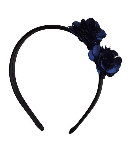 Navy 2 flowers on Black Satin