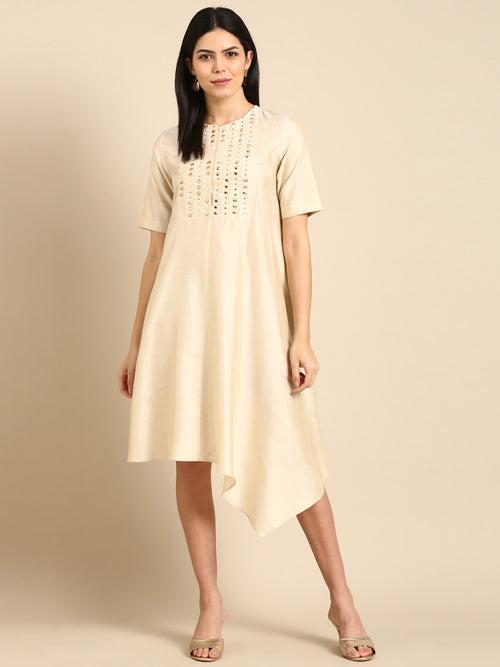 Beige Mukesh Silk Cotton Dress - AS0505