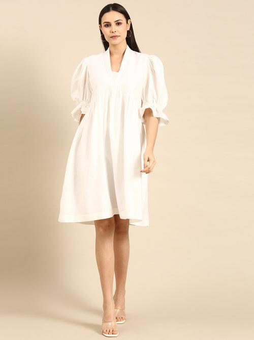 Ivory Cotton Silk Empirical V-Neck Dress - AS0616