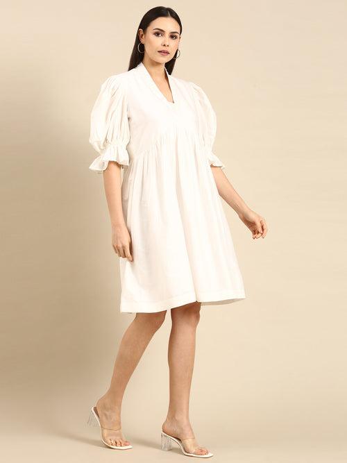 Ivory Cotton Silk Empirical V-Neck Dress - AS0616