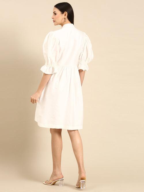 Ivory Cotton Silk Empirical V-Neck Dress - AS0616