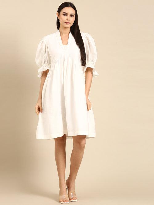 Ivory Cotton Silk Empirical V-Neck Dress - AS0616