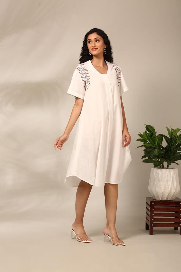 White Cotton Embroidered Dress  - AS0686