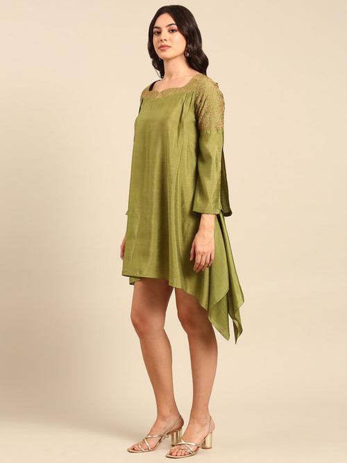 Green Linen Satin Dress - AS0700