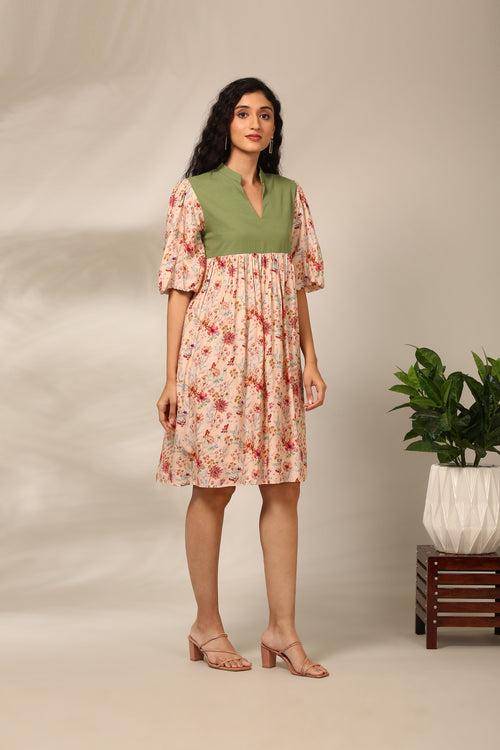 Peach Printed Bell Sleeve Dress  - AS0712