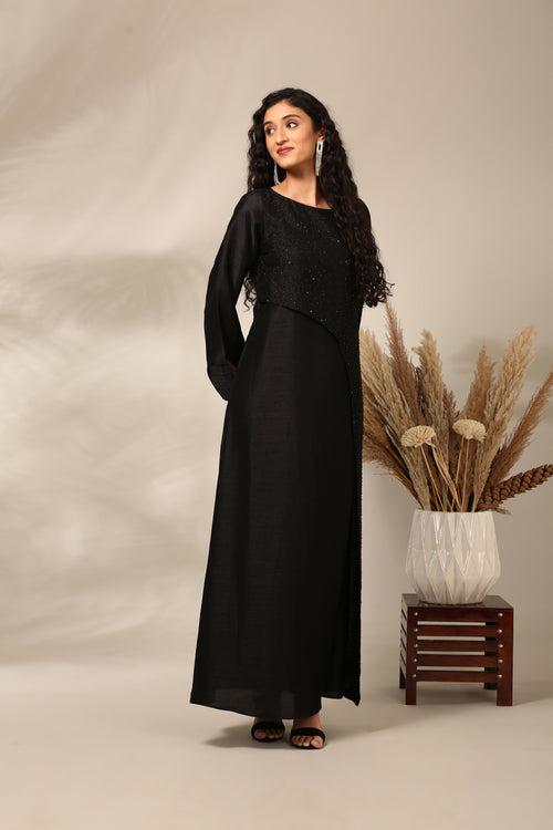 Black Slub Silk Long Dress  - AS0713