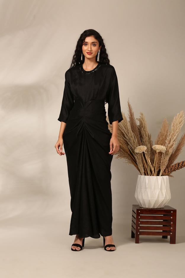 Black Slub Silk  Cock-Tail Dress  - AS0714