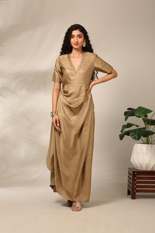 Beige Slub Silk Long Dress  - AS0715