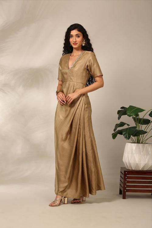 Beige Slub Silk Long Dress  - AS0715