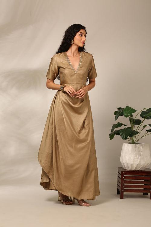 Beige Slub Silk Long Dress  - AS0715