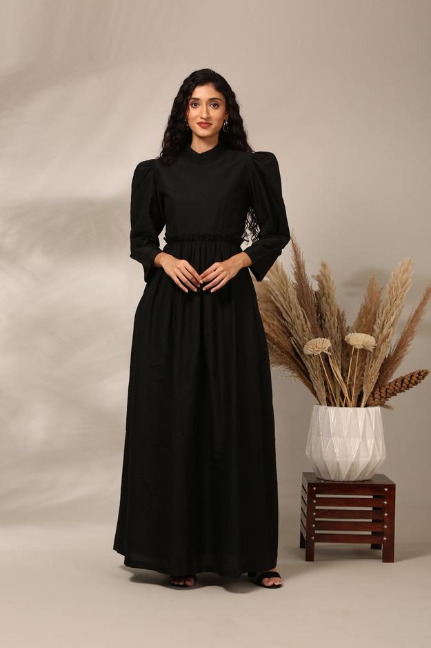 Black Cotton Silk Gown Dress  - AS0716