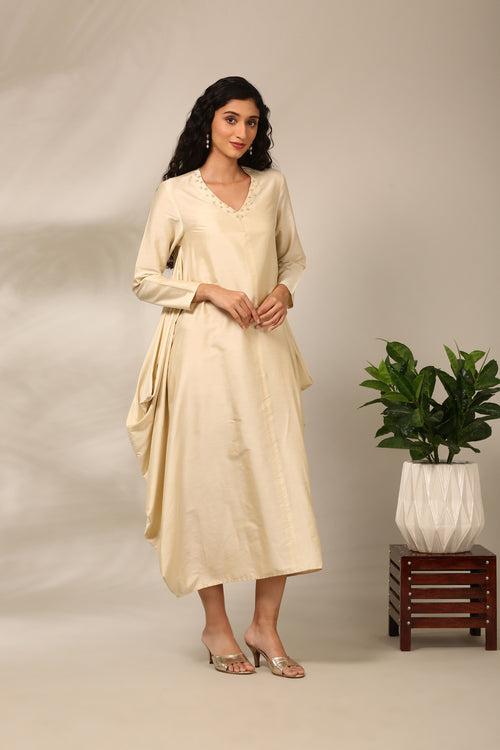 Beige Cotton Silk Flared Dress  - AS0717