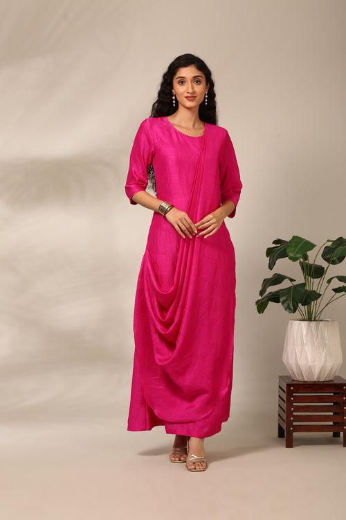 Fusia Pink Long Slub Silk Dress  - AS0719