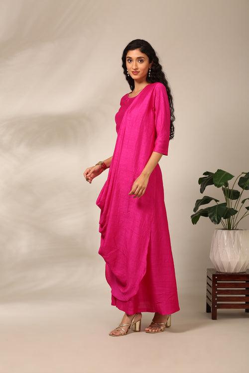 Fusia Pink Long Slub Silk Dress  - AS0719