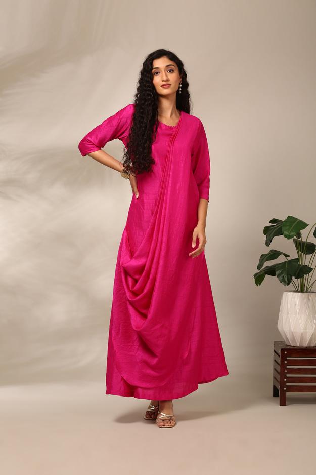 Fusia Pink Long Slub Silk Dress  - AS0719