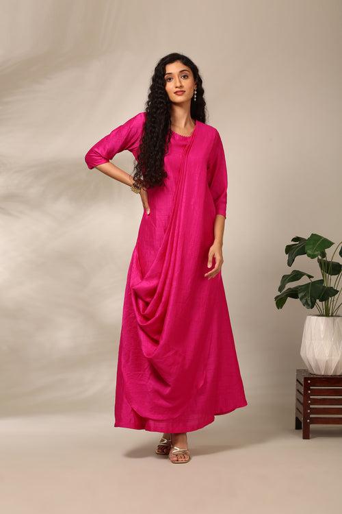 Fusia Pink Long Slub Silk Dress  - AS0719