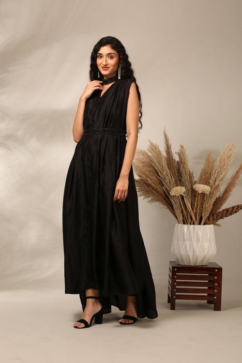 Black Slub Silk Long Dress  - AS0722