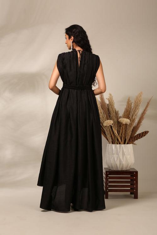 Black Slub Silk Long Dress  - AS0722