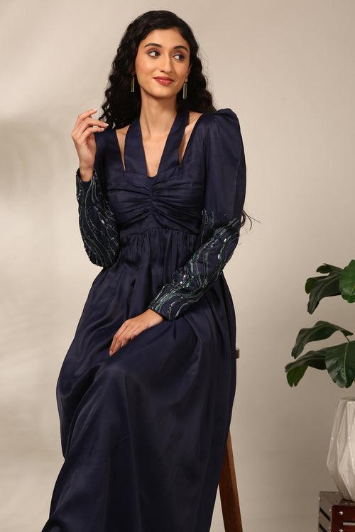 Blue Linen Satin Dress  - AS0725