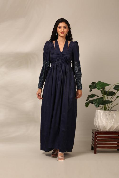 Blue Linen Satin Dress  - AS0725