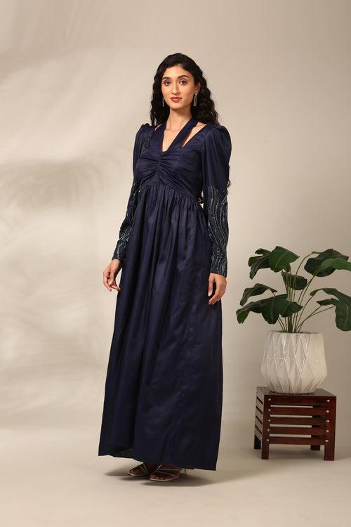 Blue Linen Satin Dress  - AS0725