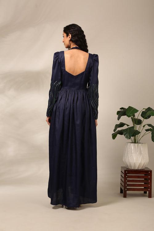 Blue Linen Satin Dress  - AS0725