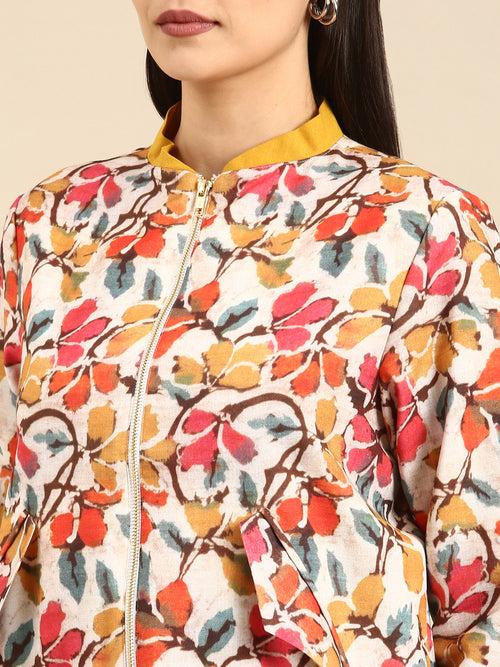 Floral Printed Linen Bomber Jacket - ASBJ003