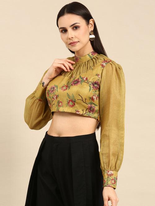 Yellow Printed Chanderi Blouse - ASBL095