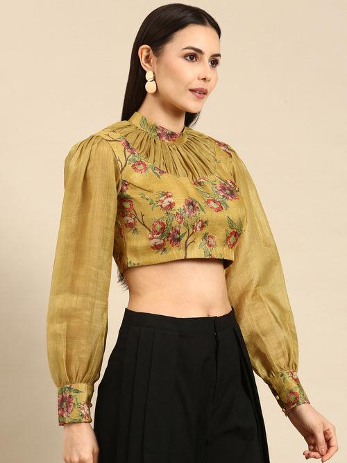 Yellow Printed Chanderi Blouse - ASBL095